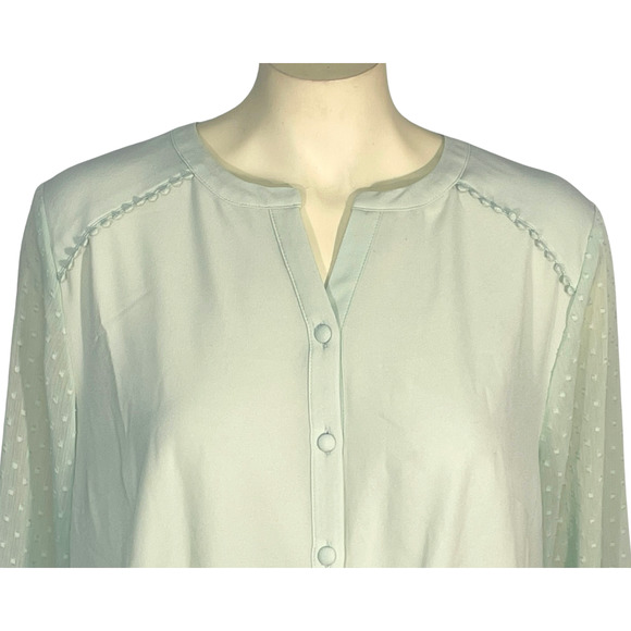 Isaac Mizrahi Live QVC Sz 16 Split V-Neck Blouse Sheer Puff Sleeves Mint Green - Picture 4 of 13